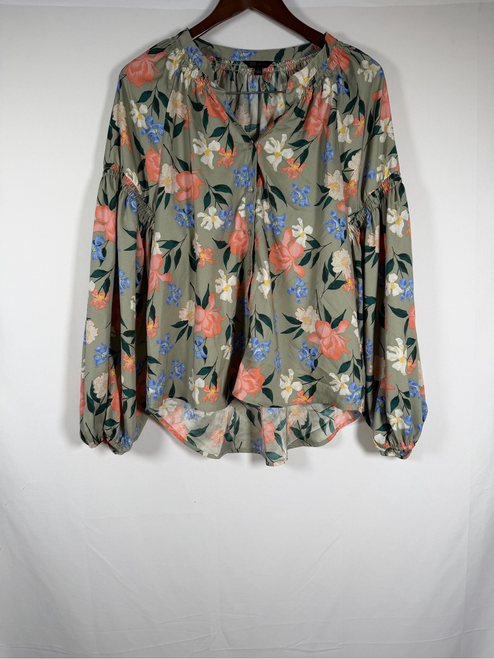 Frye The Last Dance Floral Peasant Blouse - Olive Green with Coral & Blue